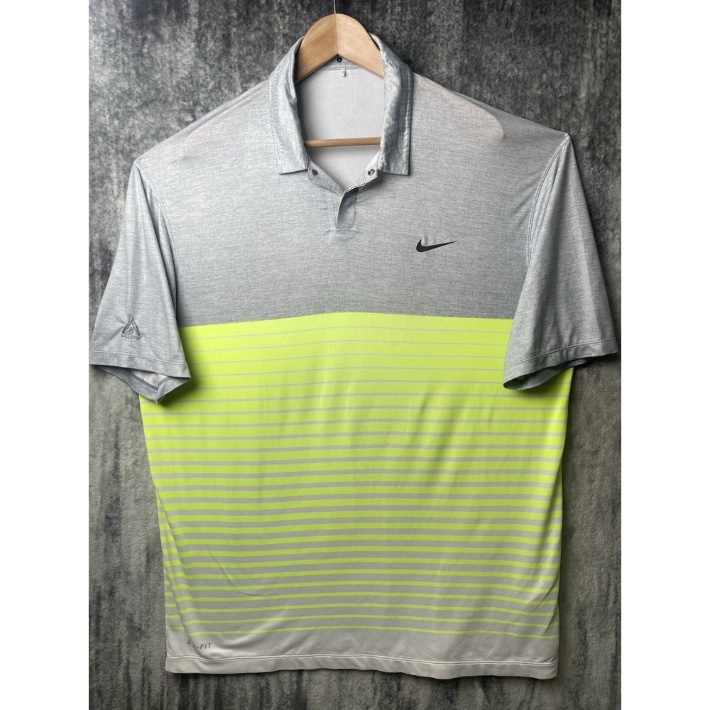 Nike Tiger Woods Collection Golf Polo Shirt Size L Dri Fit Yellow/Gray Striped